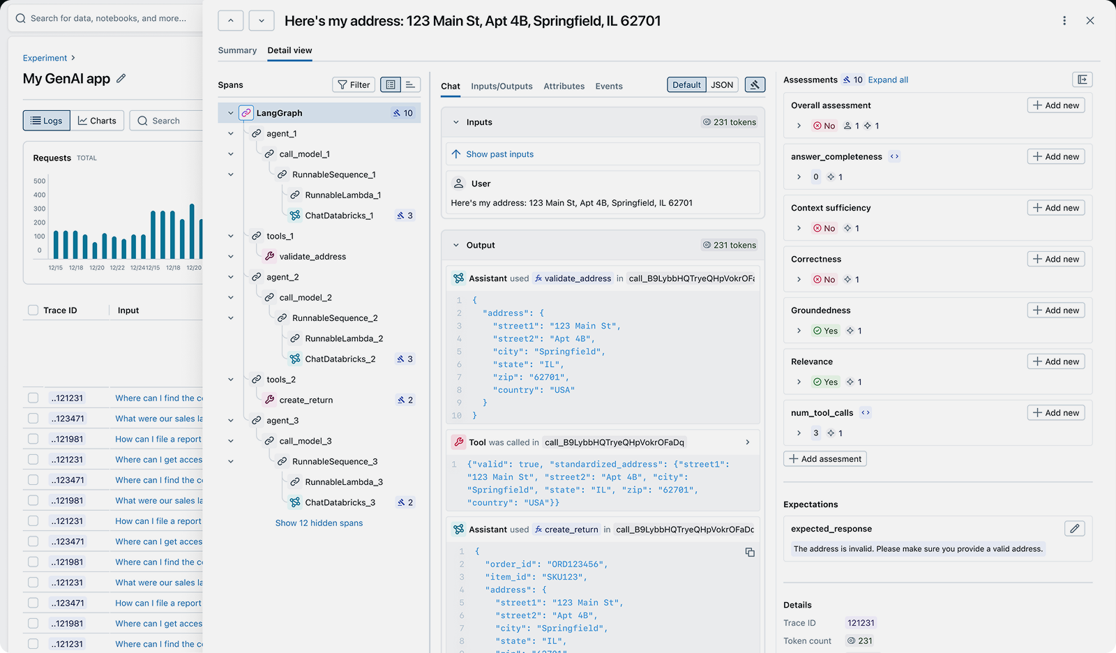 MLflow UI showing traced LLM calls with prompts, responses, and metadata