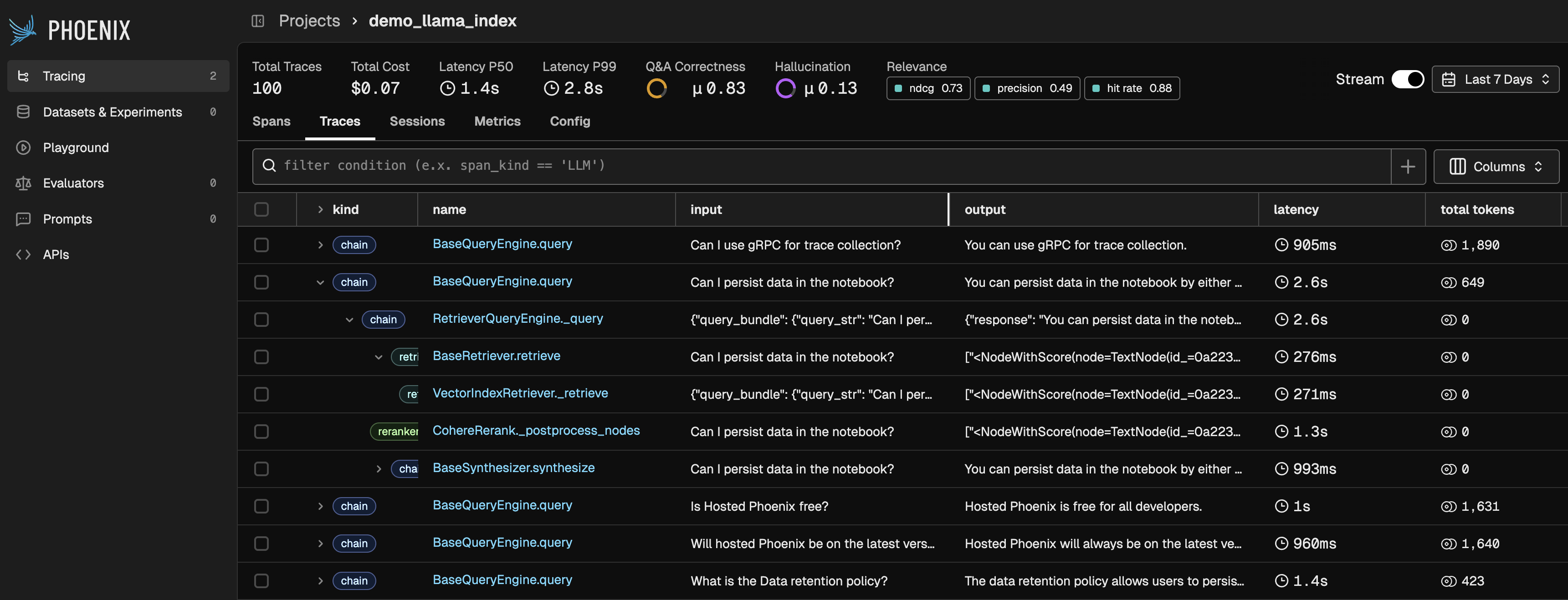 Arize Phoenix trace and evaluation workspace screenshot