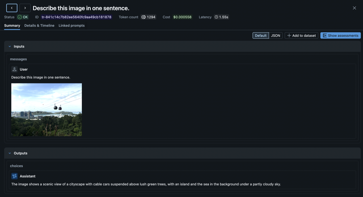 A multimodal trace showing an image rendered inline alongside the model's text response in MLflow's chat view