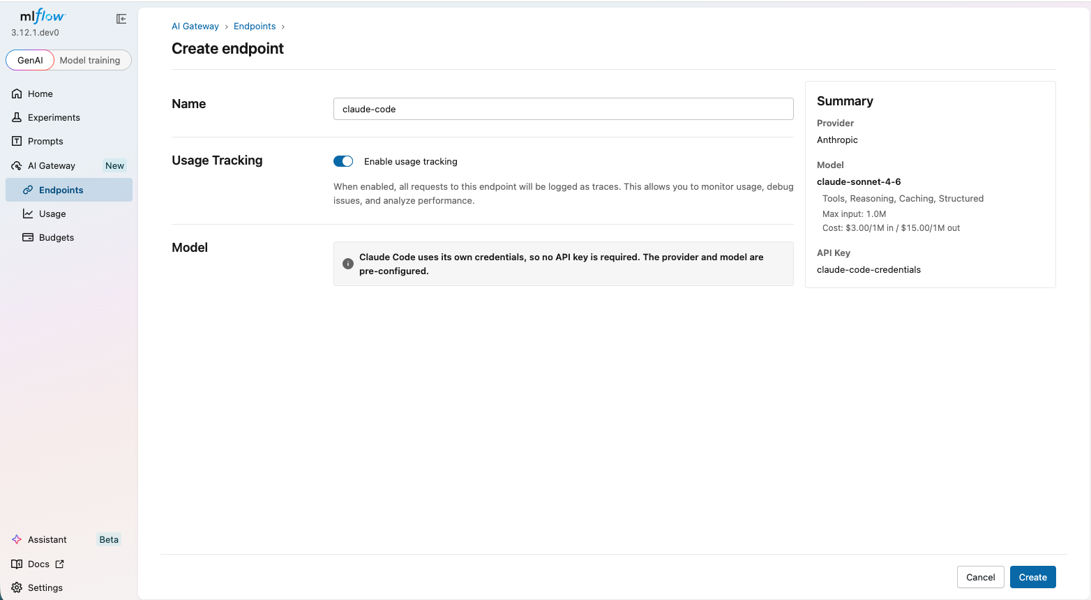 Create Endpoint dialog in the MLflow UI configured for the Anthropic provider