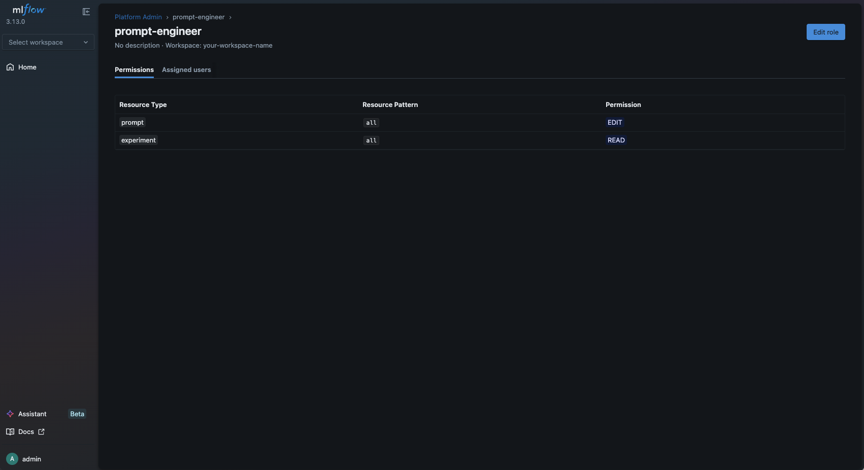 MLflow RBAC role management UI showing role configuration with permissions